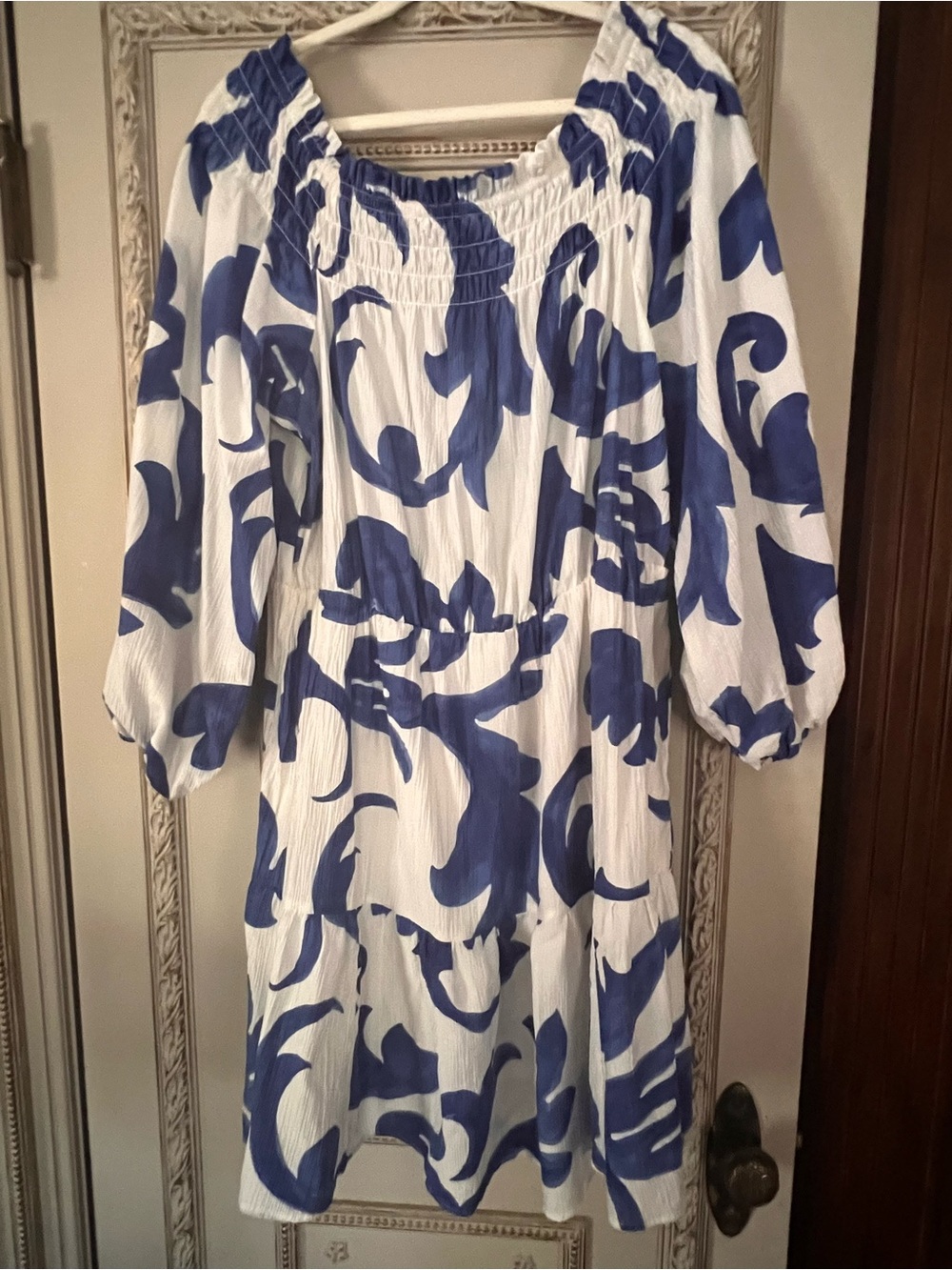 H&M Blue White Abstract Print Off-Shoulder Smocked Dress XL